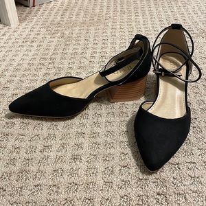 Black pointed strap heels